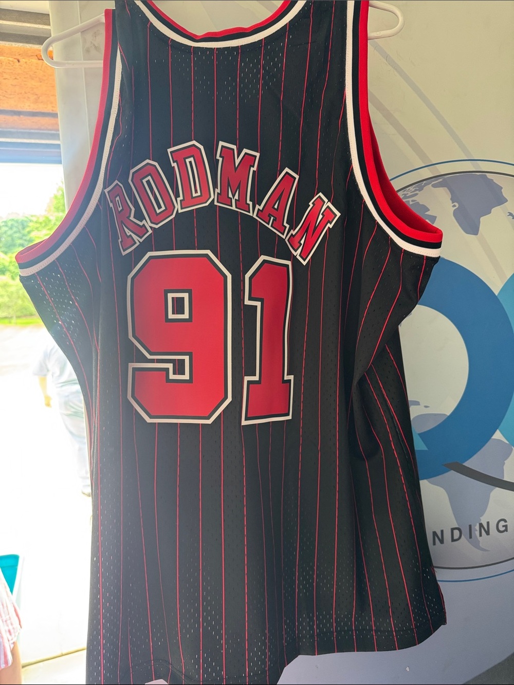 BULLS Rodman 91 Black Red Pinstripe Basketball Jersey
